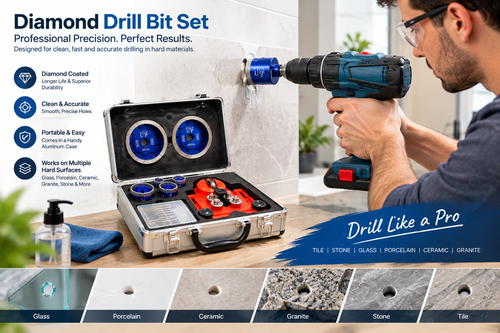 9-Piece Diamond Drill Bit Set, 15/25/35/45/60mm Tile Hole Saw, Angle Grinder for Glass, Porcelain, Ceramic, Granite and Stone, Stainless Steel Tile Cutter (Silver)