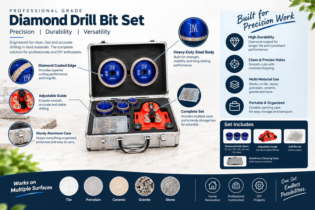 9-Piece Diamond Drill Bit Set, 15/25/35/45/60mm Tile Hole Saw, Angle Grinder for Glass, Porcelain, Ceramic, Granite and Stone, Stainless Steel Tile Cutter (Silver)