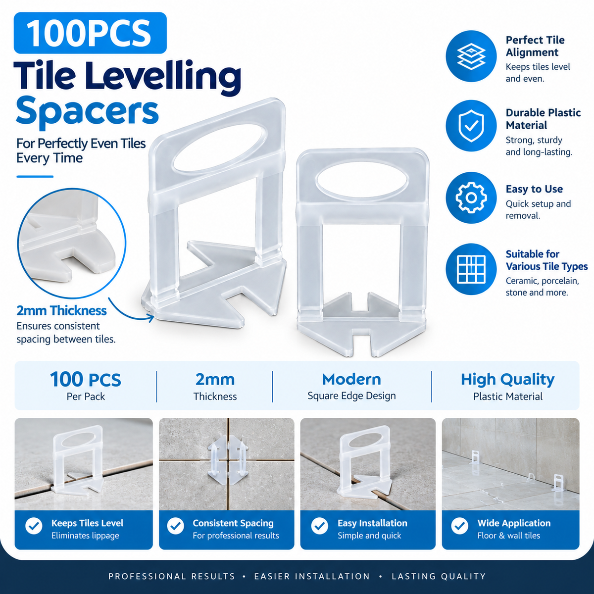 Tiled Up Tile Levelling Clips 100 Pack – 2mm Tile Spacers for Floors & Walls