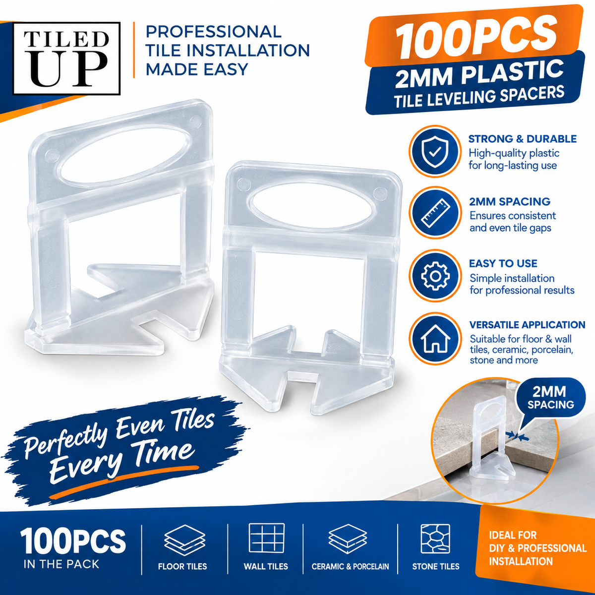 Tiled Up Tile Levelling Clips 100 Pack – 2mm Tile Spacers for Floors & Walls